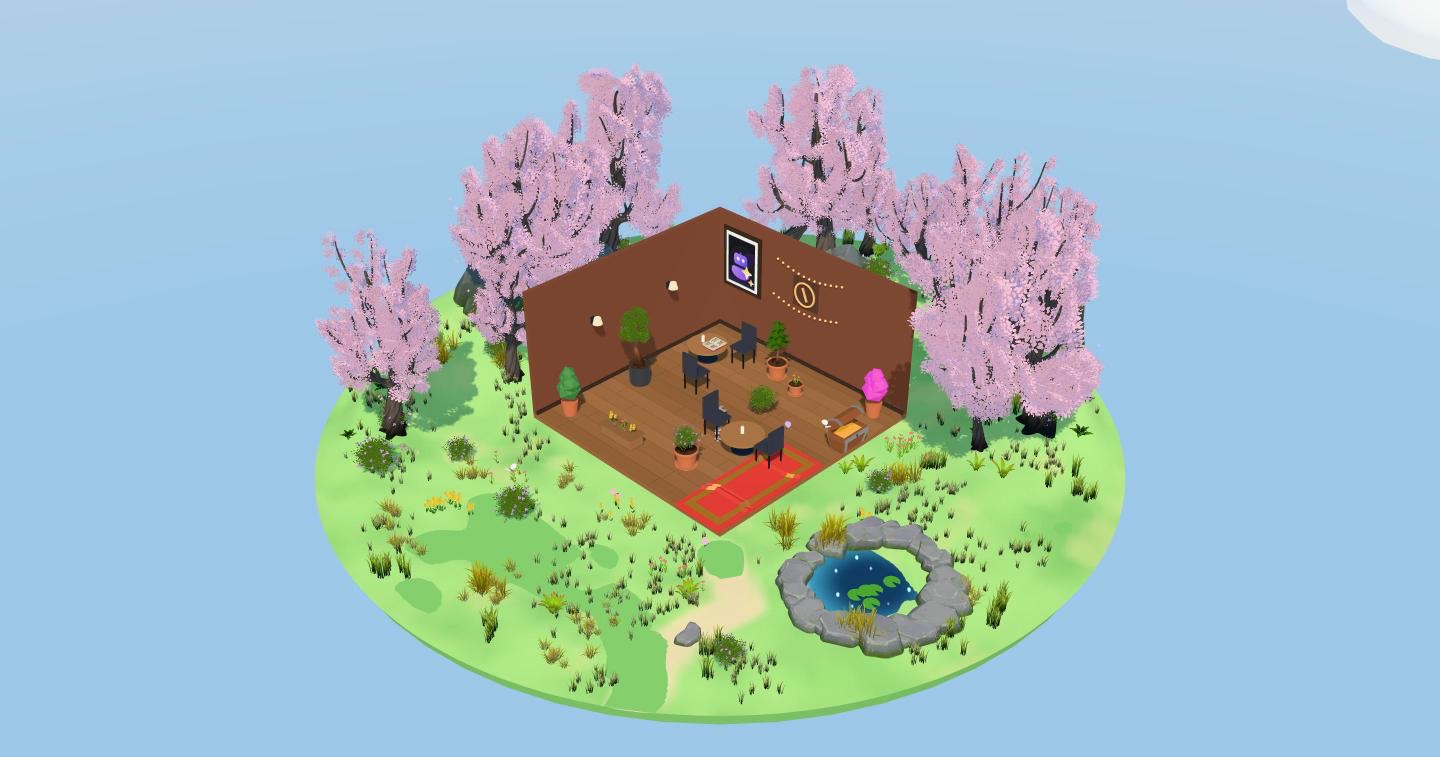 A Perlink 3D room in a sakura garden
